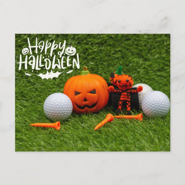 Cartão Postal Feliz Dia das Bruxas de Golfe com Pumpkin e Golf B (Frente)