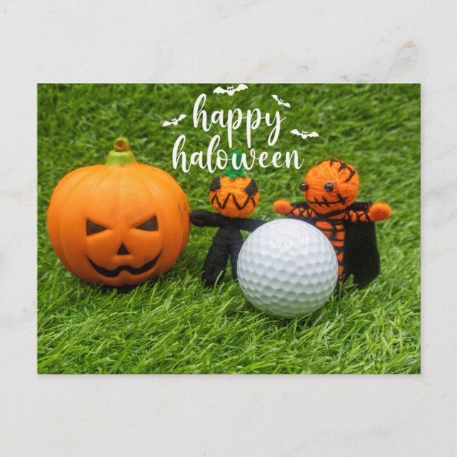 Cartão Postal Feliz Dia das Bruxas de Golfe com Pumpkin e Golf B (Frente)