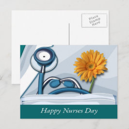 Cartão Postal Feliz Dia das Enfermeiras. Stethoscope e Daisy