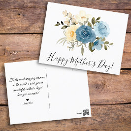 Cartão Postal feliz dia das mães aquarela azul floral chique