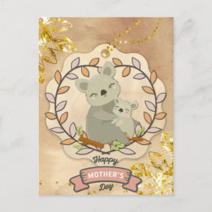 Cartão Postal Feliz Dia de as mães, Bonito, Urso Koala e Bebê