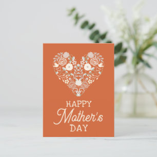 Cartão Postal Feliz dia de as mães Coração Floral Corante Laranj