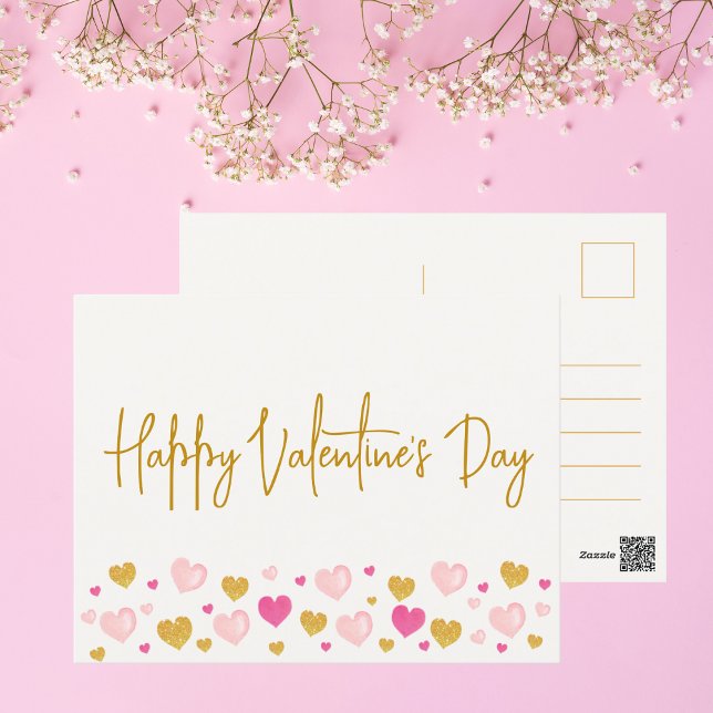 Cartão Postal Feliz dia de os namorados|Corações de Aquarela (Simple, chic, and cute Valentine's Day postcard for personal and business purposes. Get yours now!)
