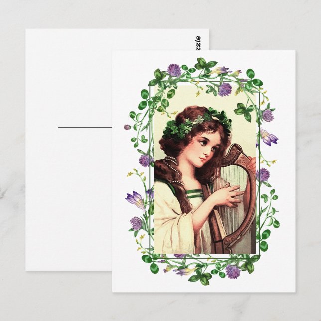 Cartão Postal Feliz Dia de São Patrício. Garota Irlandesa com Ha (Frente/Verso)