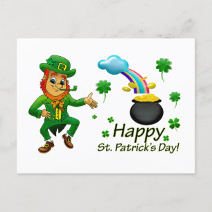 Cartão Postal Feliz Dia de São Patrício Leprechaun Rainbow