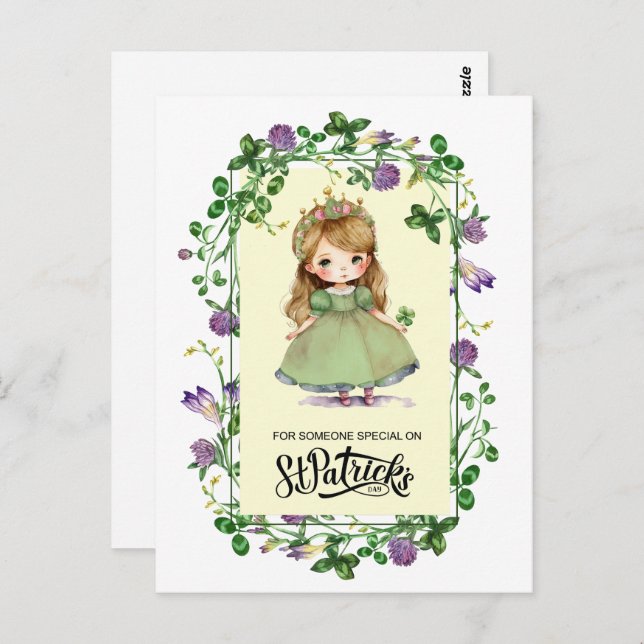 Cartão Postal Feliz Dia de São Patrício. Pequena Princesa Irland (Frente/Verso)