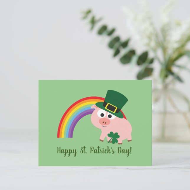 Cartão Postal Feliz Dia de São Patrício Porco Leprechaun Fofo (Em pé/Frente)
