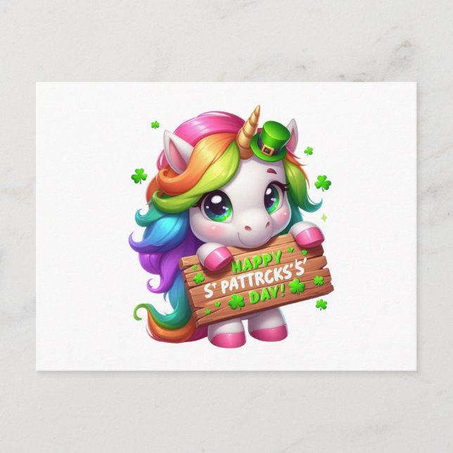 Cartão Postal Feliz Dia de São Patrício Unicorn (Frente)