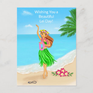Cartão Postal Feliz Dia do Lei Havaiano Garota do Hula na Praia