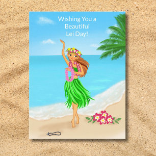 Cartão Postal Feliz Dia do Lei Havaiano Garota do Hula Praia