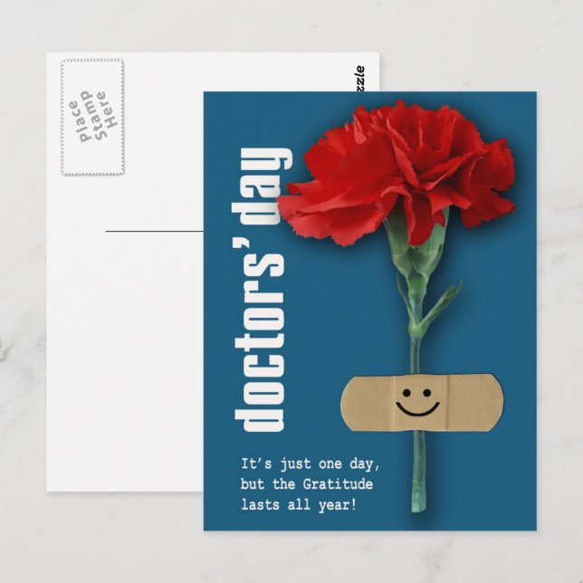 Cartão Postal Feliz Dia dos Médicos. Cravo vermelho (Frente/Verso)
