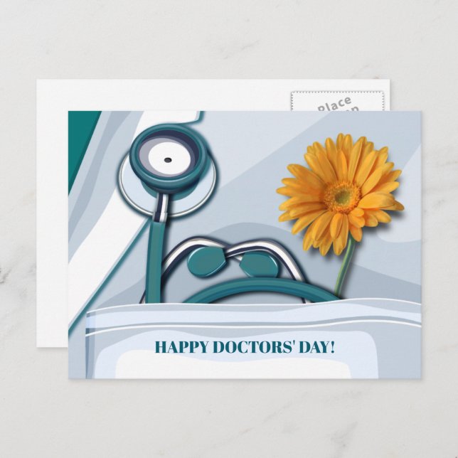 Cartão Postal Feliz Dia dos Médicos. Stethoscope e Daisy (Frente/Verso)
