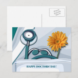 Cartão Postal Feliz Dia dos Médicos. Stethoscope e Daisy