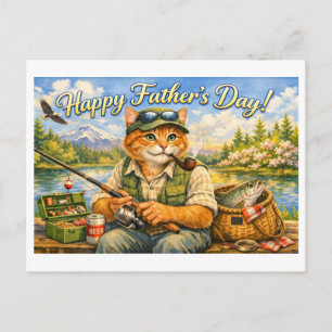 Cartão Postal Feliz Dia dos Pais do Seu Pai Gato Ruivo Pescador