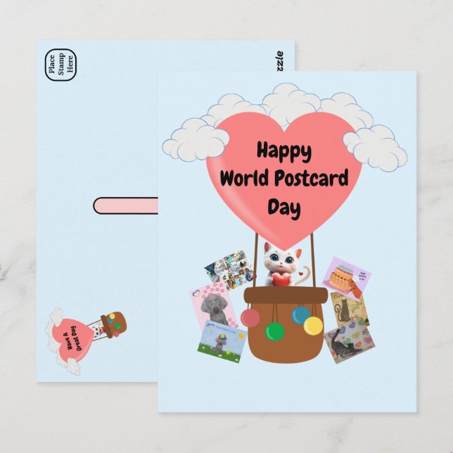 Cartão Postal Feliz Dia Mundial do Cartão-Postal Gato no Balão (Frente/Verso)