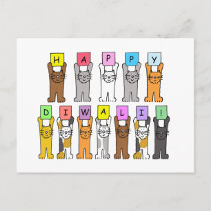 Cartão Postal Feliz Diwali, Gatos De Cartoon.