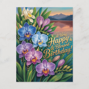 Cartão Postal Feliz e Abencoado Aniversário Saudação Orquídea