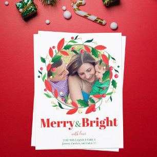 Cartão Postal Feliz e Foto Brilhante Holly Wreath Feliz Natal