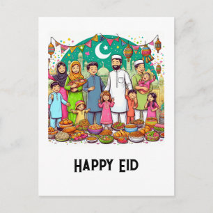 Cartão Postal Feliz Eid Família Divertida Comemoração Design