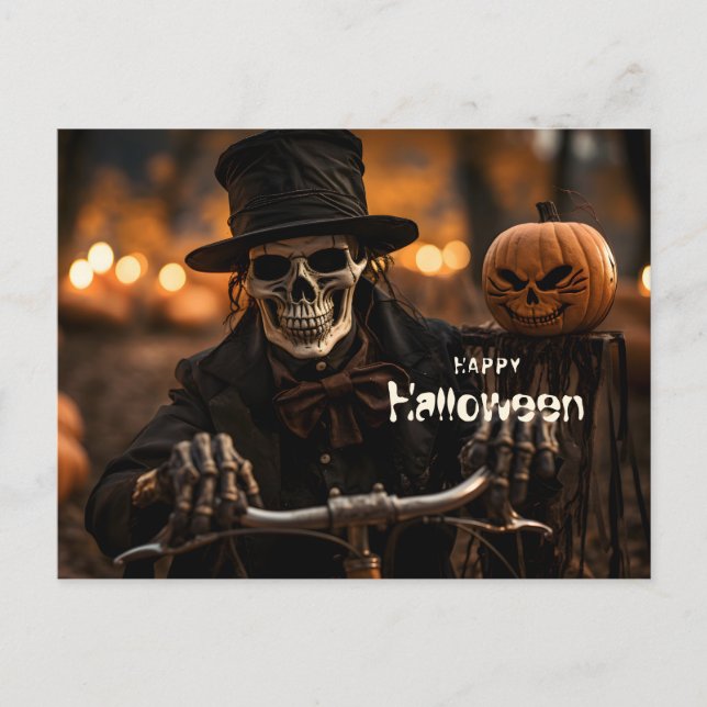 Cartão Postal Feliz esqueleto de Halloween e abóbora (Frente)