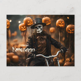 Cartão Postal Feliz esqueleto de Halloween e abóboras