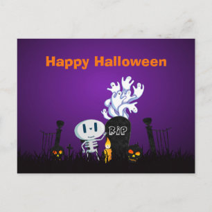 Cartão Postal Feliz Esqueleto De Halloween E Fantasmas