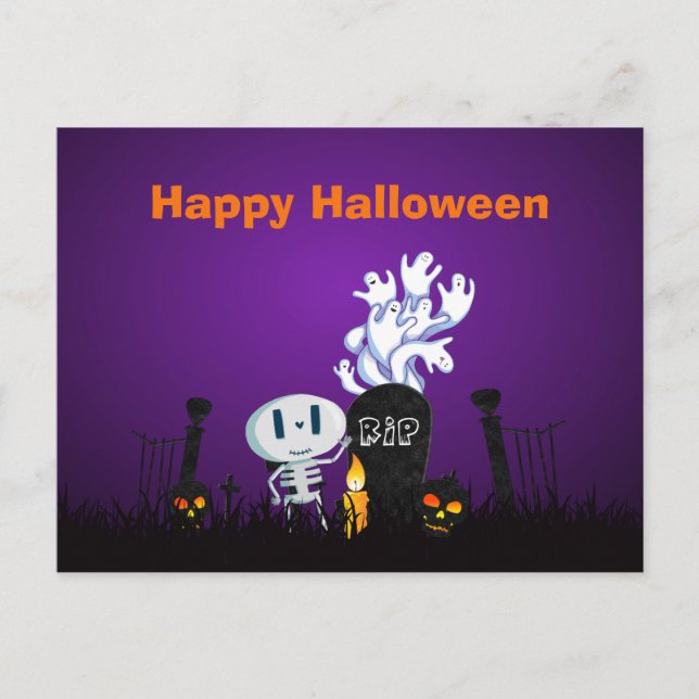 Cartão Postal Feliz Esqueleto De Halloween E Fantasmas (Frente)