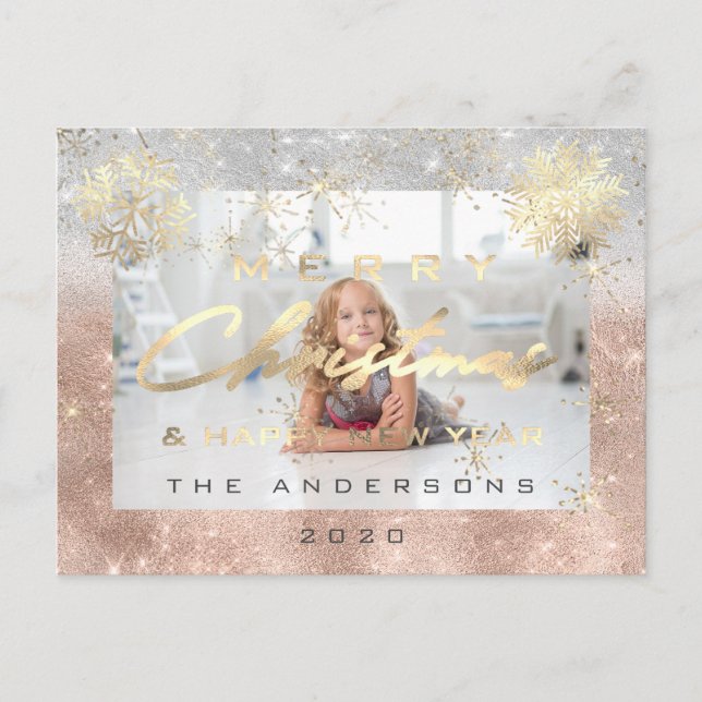 Cartão Postal Feliz Feliz ano novo de Natal Dourado Foto de Neve (Frente)