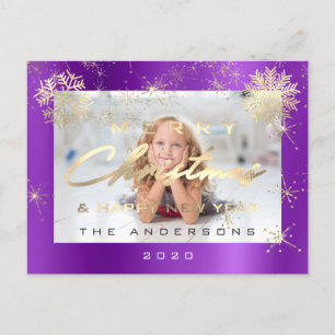 Cartão Postal Feliz Feliz ano novo de Natal Dourado Foto Roxa