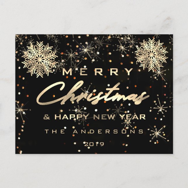 Cartão Postal Feliz Feliz ano novo de Natal Neve Dourada Faísca  (Frente)