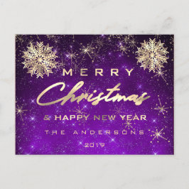 Cartão Postal Feliz Feliz ano novo de Natal Neve Dourada Purpl