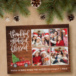 Cartão Postal Feliz Feliz Feliz Caminhão de Madeira Abençoado 4<br><div class="desc">O Cartão-postal de Natal de Colagem Fotográfica Moderna,  Feliz Grato e Abençoado 4,  inclui um Caminhão Vermelho Vintage Watercolor com Árvore de Natal. Impressão de madeira rustica.</div>