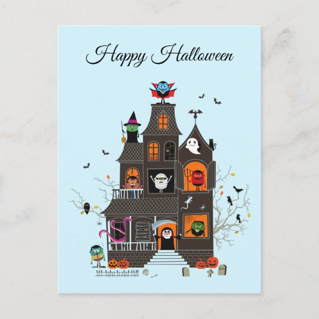 Cartão Postal Feliz Feliz Halloween Pessoas de casas assombradas (Frente)