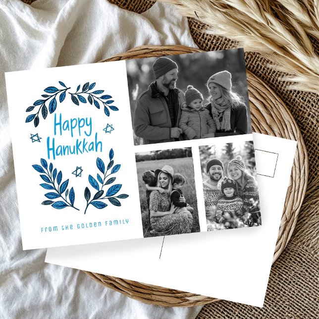 Cartão Postal Feliz Feriado de 3 FOTOS PERSONALIZADO em Hanukkah (Happy Hanukkah CUSTOM 3 PHOTOS Holiday Postcard
)