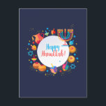 Cartão Postal Feliz Festival Chanucá Menorah Decoração Festiva<br><div class="desc">Feliz Festival de Luzes do Festa de Chanucá Belo Decoração, Luzes Azuis de Férias Judaicas Hanukkah iluminam o fundo com símbolos tradicionais Chanukah - sonhos de madeira (rodando no topo), rosquinhas, menorah, velas, estrela de David e luzes brilhantes padrão festivo de papel de parede. Festa de Crianças Festas de Festas...</div>