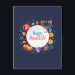 Cartão Postal Feliz Festival de Hanukkah Menorá Decoração Festiv<br><div class="desc">Festa Feliz de Hanukkah Festivalo de luzes Bela Decoração, Feriado Judaico Hanukkah fundo de luzes azuis com símbolos tradicionais do Chanukah - dreidels de madeira (pião), donuts, menorah, velas, estrela de Davi e papel de parede de luzes brilhantes padrão festivo. Evento do Festival de Hanukkah Festa infantil Decoração de Aniversário...</div>