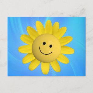 CARTÃO POSTAL FELIZ FLOR DE SOL SORRIDO FACE CARTOON AZUL