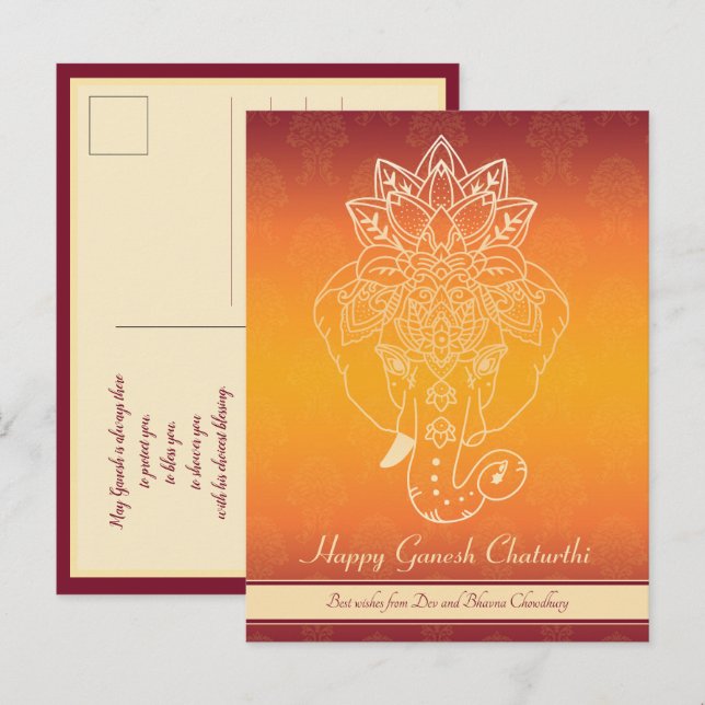 Cartão Postal Feliz Ganesh Chaturthi, texto próprio, marrom grad (Frente/Verso)