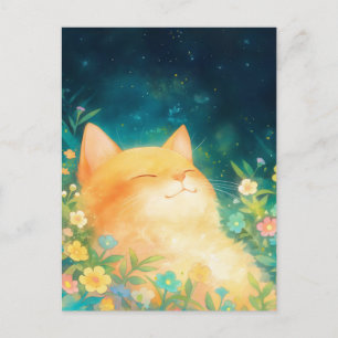 Cartão Postal Feliz Gatinho Laranja Noite Estrelada