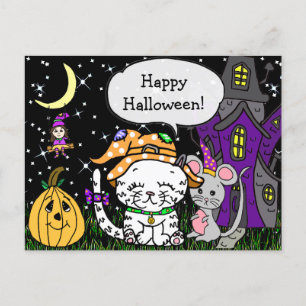 Cartão Postal Feliz Gato Branco de Halloween e Rato de Gato