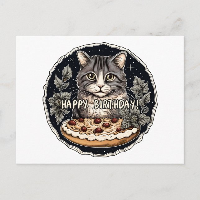 Cartão Postal Feliz gato de bolo de aniversário (Frente)