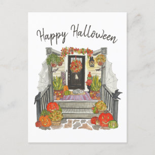 Cartão Postal Feliz Gato de Halloween Aquarela