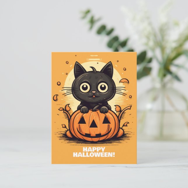 Cartão Postal Feliz Gato de Halloween - Cartão-postal do Gato Lo (Em pé/Frente)