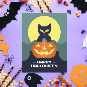 Cartão Postal Feliz Gato Negro de Halloween e Abóbora