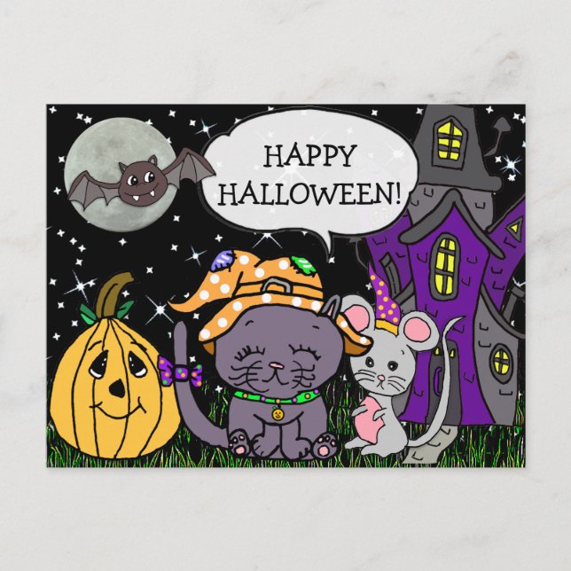Cartão Postal Feliz Gato Preto de Halloween e Rato Cugado (Frente)
