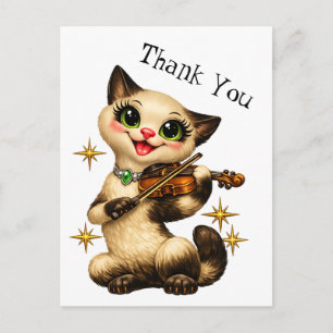 Cartão Postal Feliz Gato Siameses Tocando Violino Retro Obrigado