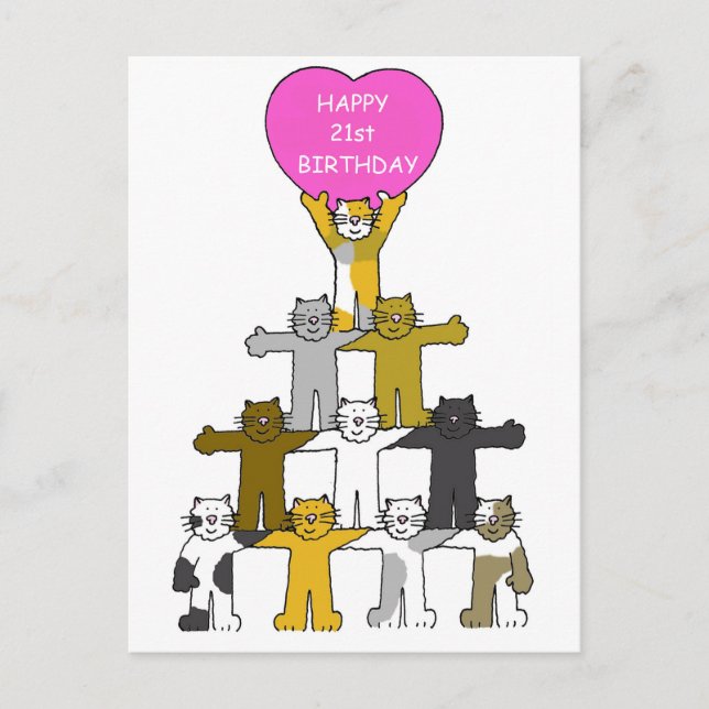 Cartão Postal Feliz Gatos de Cartoon aniversário de 21 anos. (Frente)