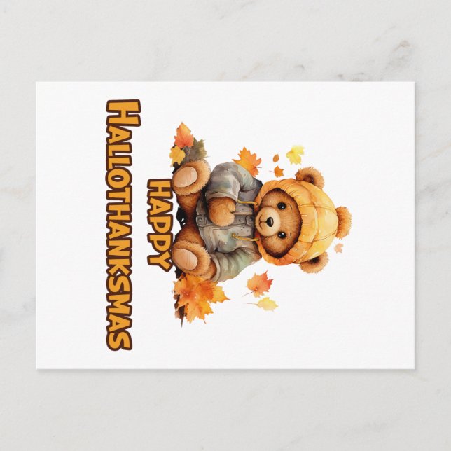 Cartão Postal Feliz Hallothanksmas deseja um Urso de Teddy e Aut (Frente)