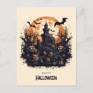 Cartão Postal Feliz Halloween Abóboras assustadoras e morcegos