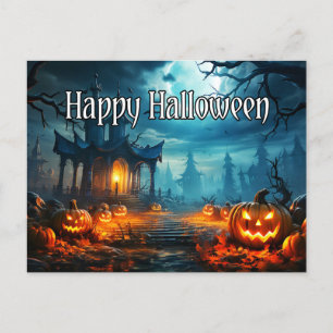 Cartão Postal Feliz Halloween Assombrado Casa e Pumpkins Spooky